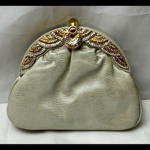 Vintage Frog Skin Leather Clutch Purse with Crystal Studded Clasp by Y&S